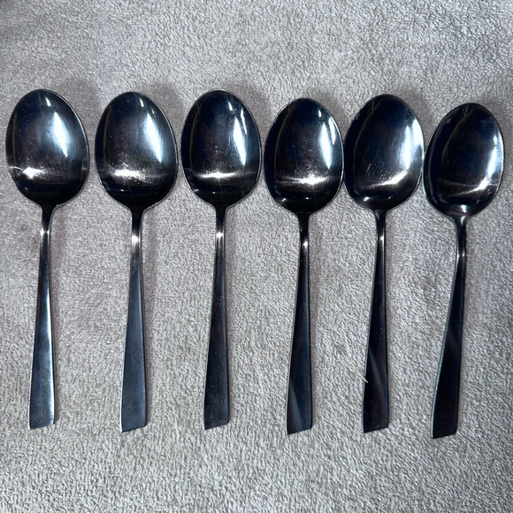 Vintage Sohnaco Japan Stainless Silverware Flatware Soup Spoons Slant Edge Set/6 - Picture 1 of 5